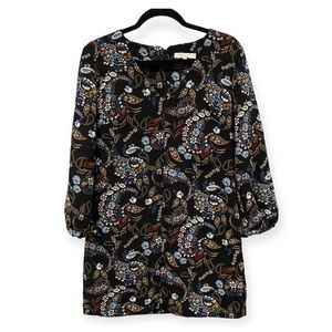 Wayf Floral Paisley Long Sleeve V-Neck Shift Dress Black Small